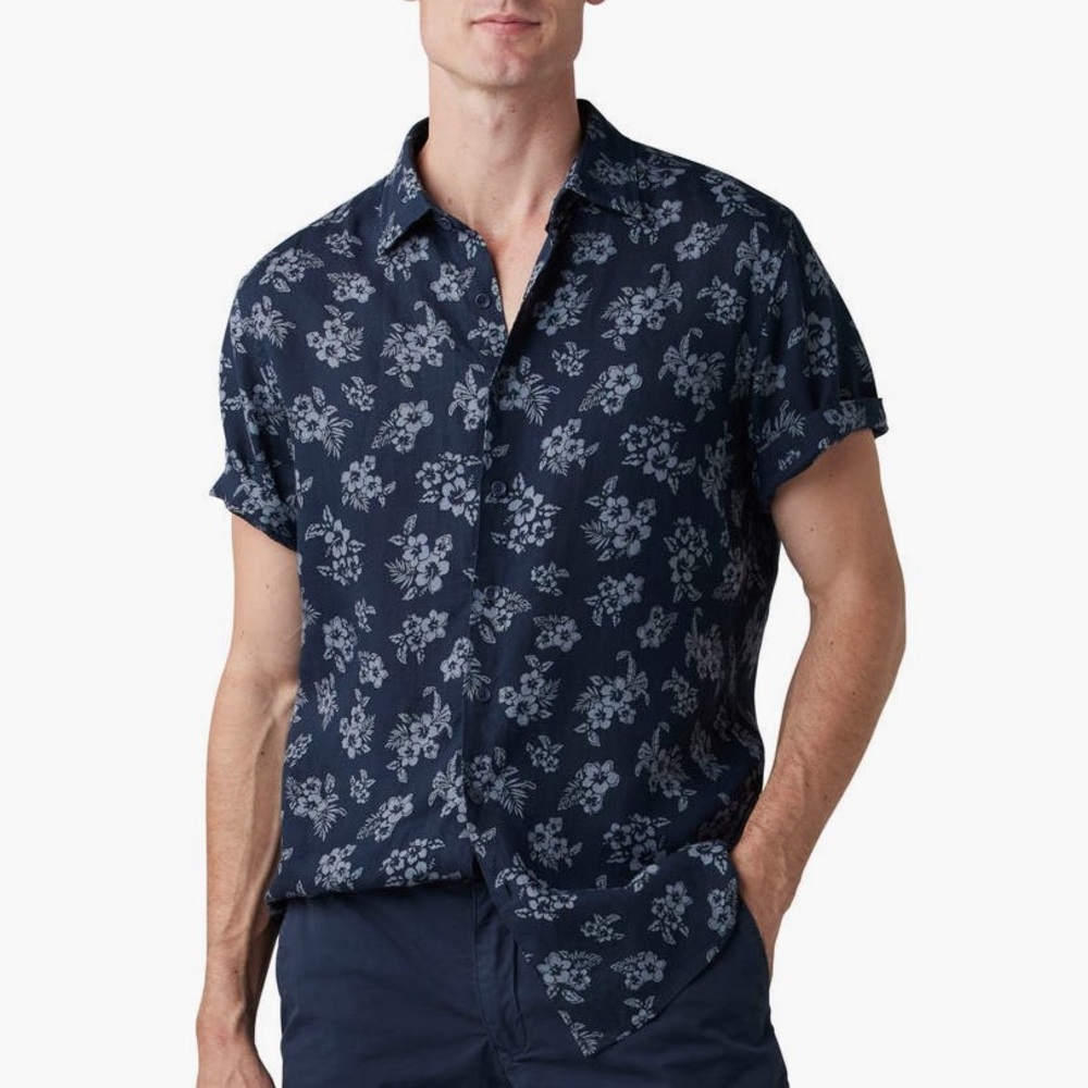 Rodd & Gunn Navy Blue Trim Fit Floral Short Sleeve Button Down Linen Shirt Sz XL